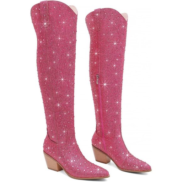 Ronilurn Women Hot Pink Rhinestone Pointed Toe Cowgirl Boot Pull On Side Zipper - Picture 3 of 9